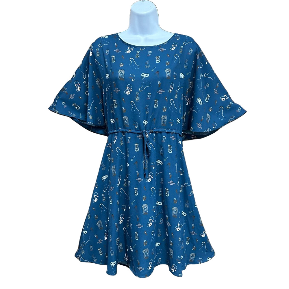 Cop Copine teal dress Large print flutter sleeve drawstring waist dress Brunch
